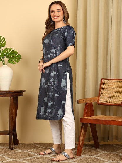 Indigo Blue Solid Cotton Blend Straight Kurta