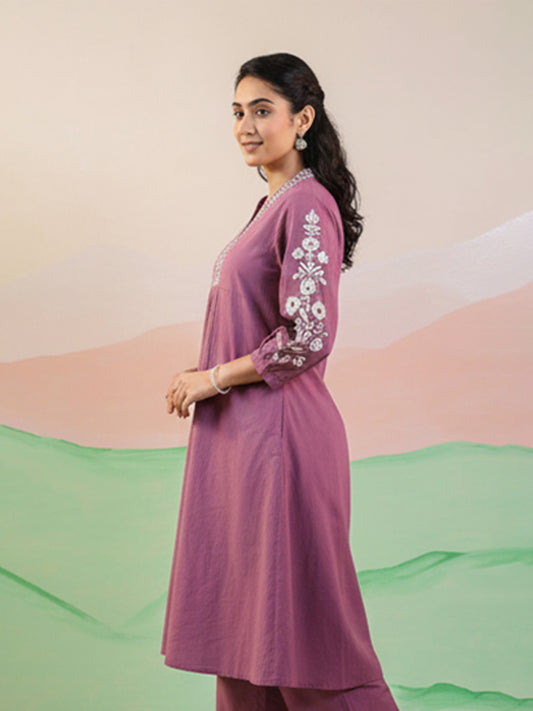 Purple Cotton Slub Kurta Pant Set for Everyday Wear