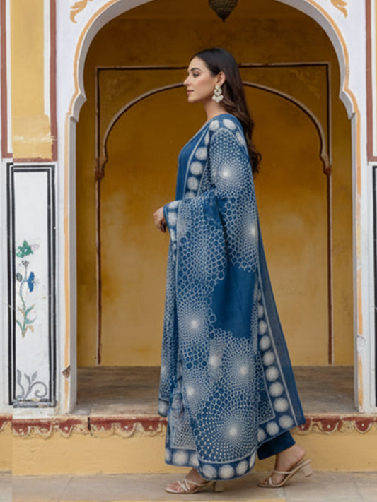 blue cotton suit set with vibrant prints and comfortable fit