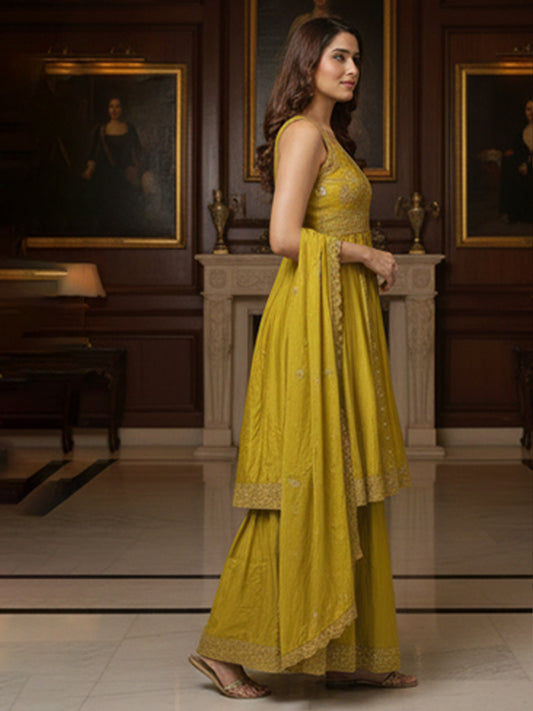 Elegant Green Muslin Anarkali Set with Flared Pant for Women