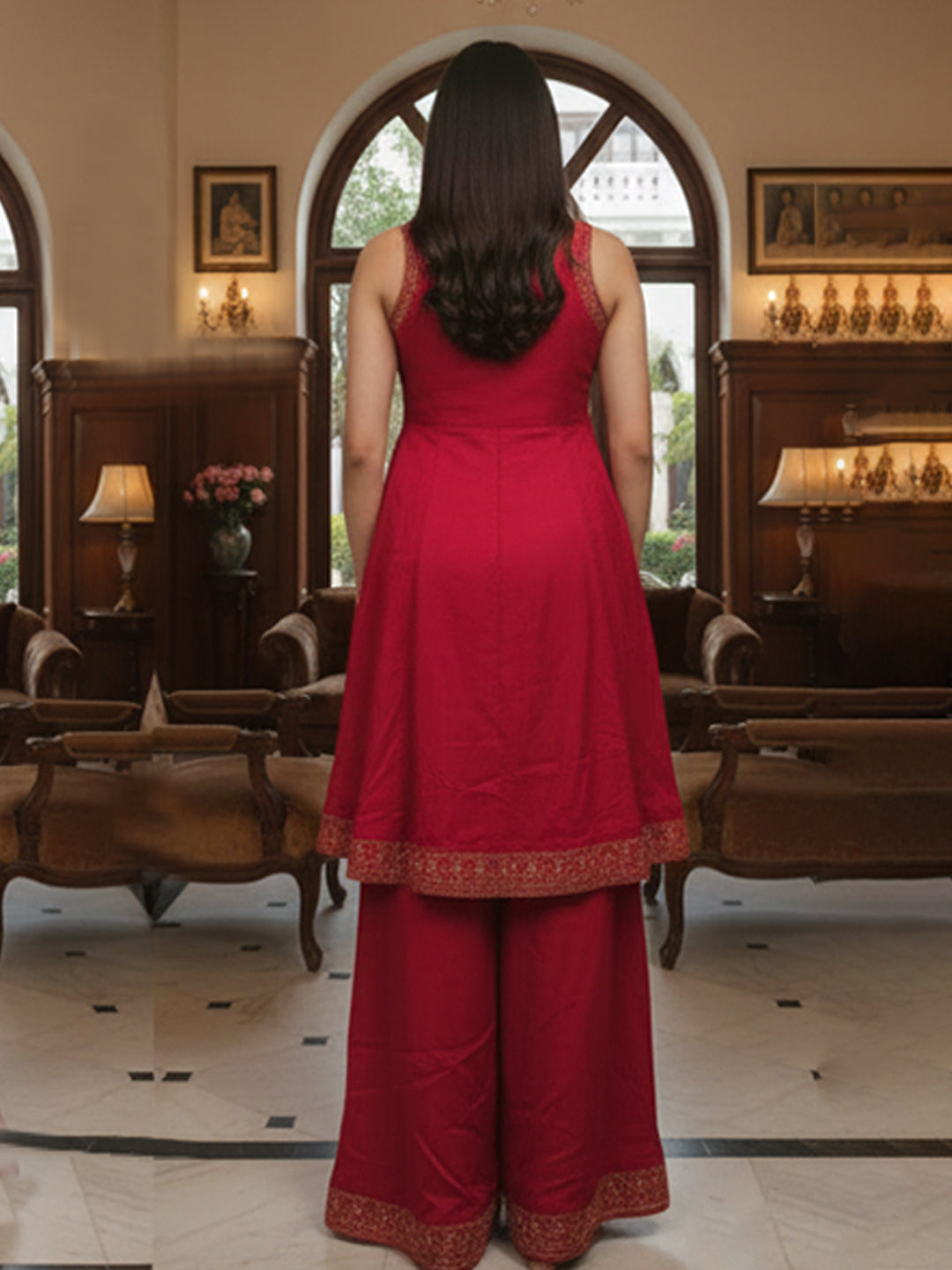 Elegant Red Muslin Anarkali Set with Flared Pant for Women