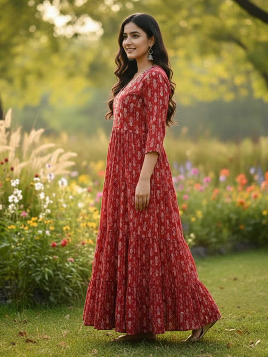 Women’s Flared Multicolour Anarkali Embroidered Rayon Dress