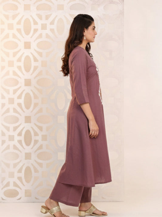 Classic Mauve brown Cotton Slub Kurti with Straight Pant Set