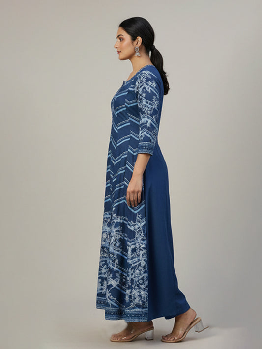 Dark Blue Cotton Anarkali Set for Ethnic Wear