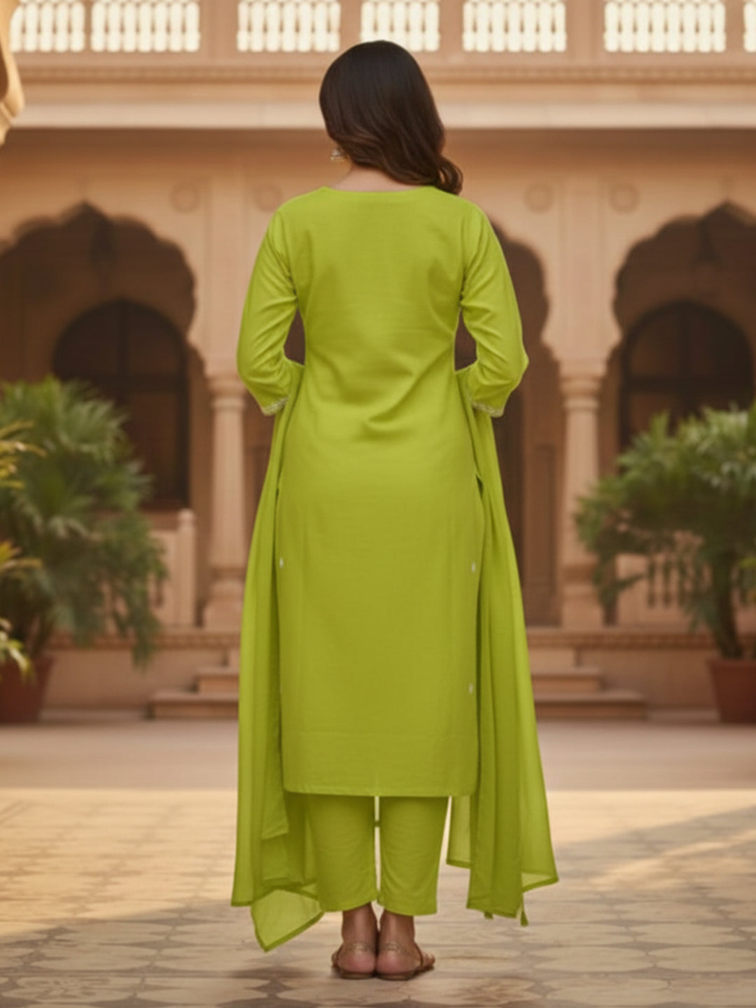 Elegant Light Green A-Line Embroidered Cotton Suit set for Everyday wear