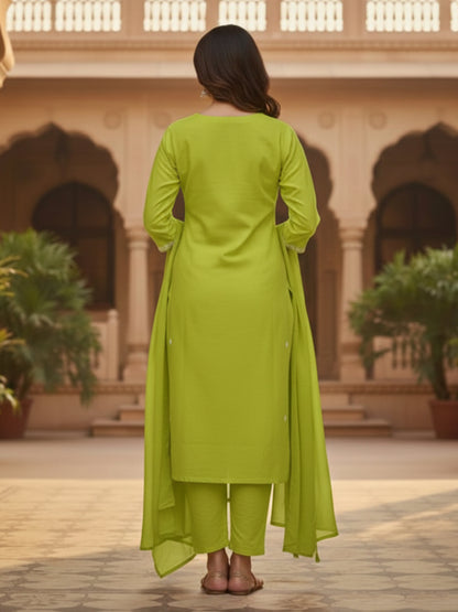 Elegant Light Green A-Line Embroidered Cotton Suit set for Everyday wear