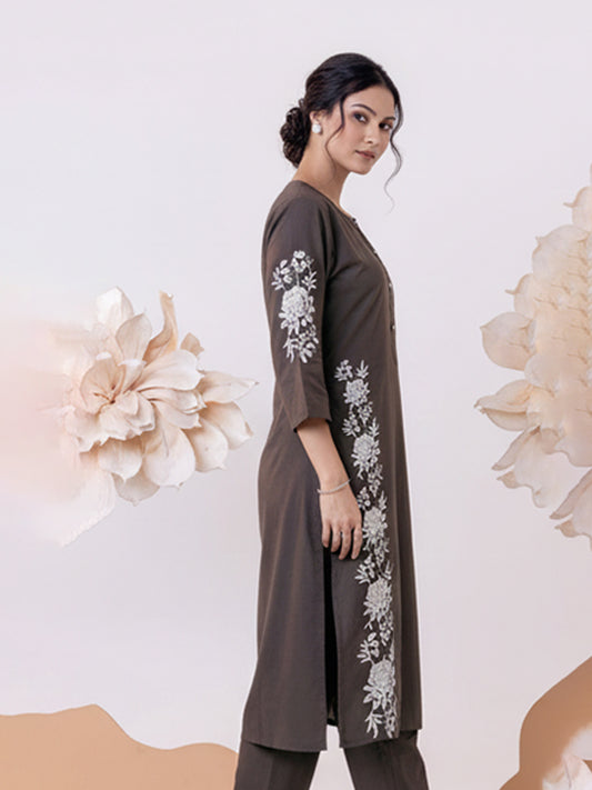 Dark Grey Cotton 60×60 Kurta Pant Set for Daily Comfort