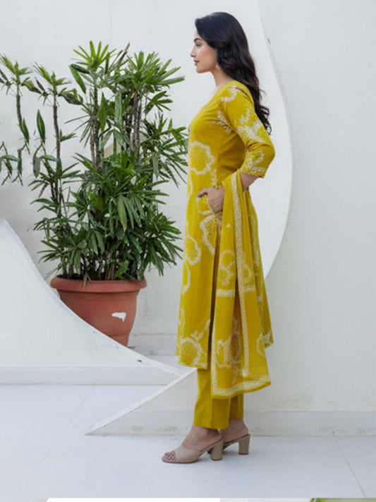 Charming yellow cotton suit set with vibrant prints