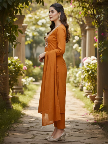 Elegant Rust A-Line Embroidered Cotton Suit set for Everyday wear