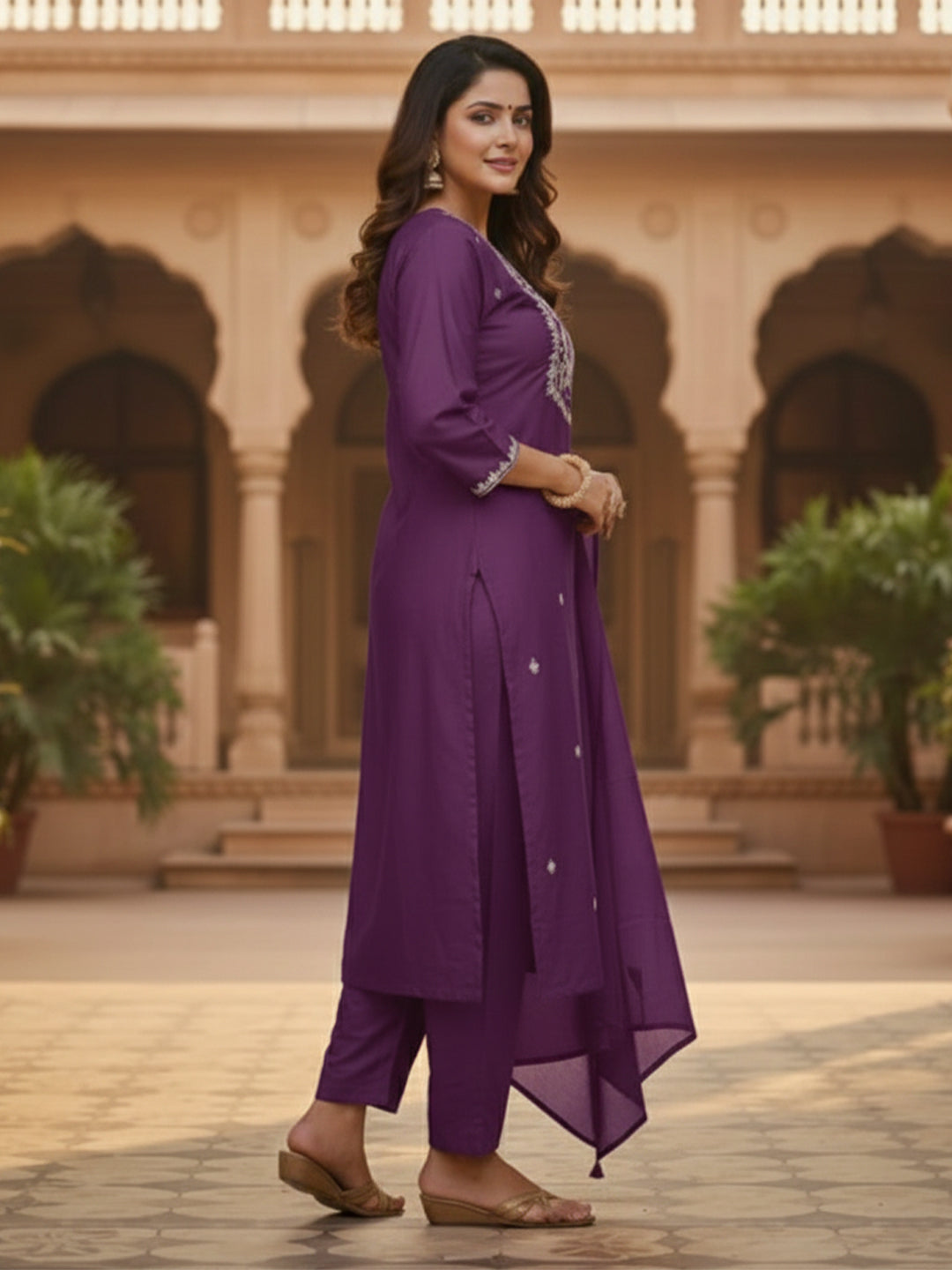 Elegant Purple A-Line Embroidered Cotton Suit set for Everyday wear