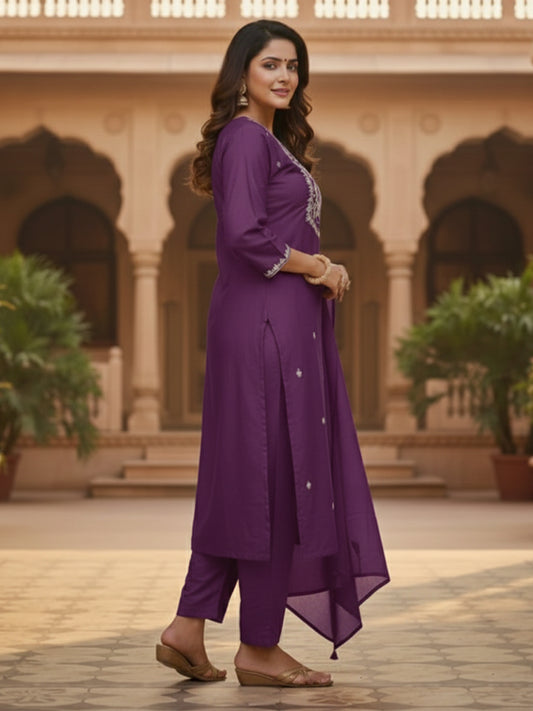 Elegant Purple A-Line Embroidered Cotton Suit set for Everyday wear
