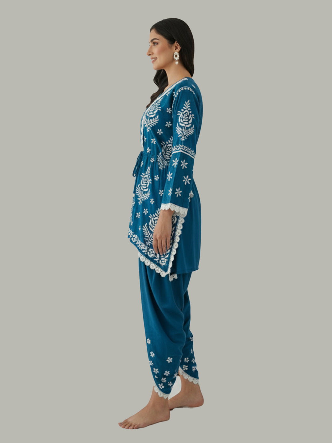 Blue Chikankari Kurta Tulip Salwar Set with white embroidery