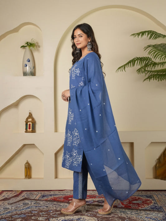Elegant blue cotton suit set featuring embroidery and charm