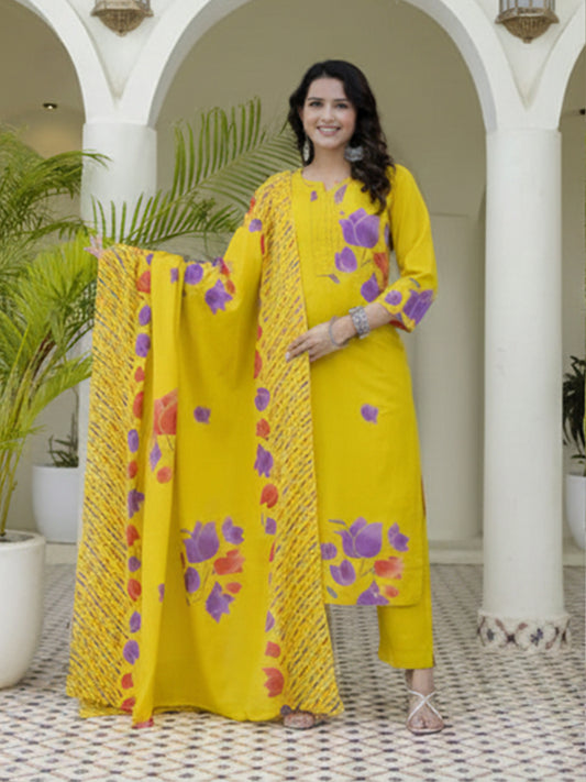 yellow cotton suit set with vibrant prints and daily comfort