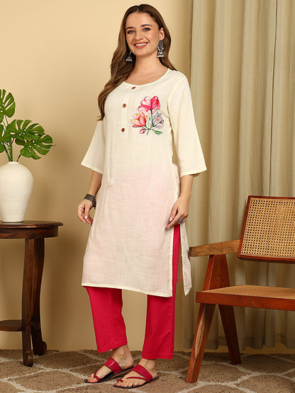 Off White Solid Cotton Blend Straight Kurta
