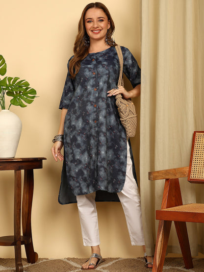 Indigo Blue Solid Cotton Blend Straight Kurta