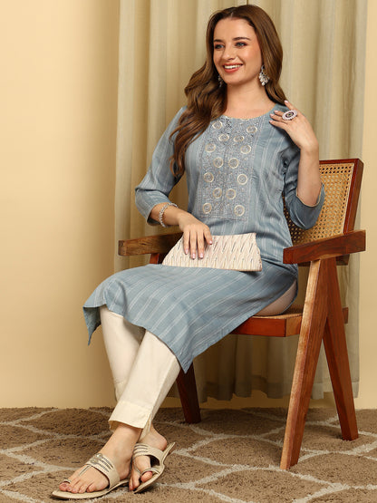 Embroidered Dark Green PolySilk Straight Kurta