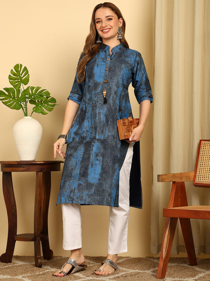 Indigo Blue Solid Cotton Blend Straight Kurta