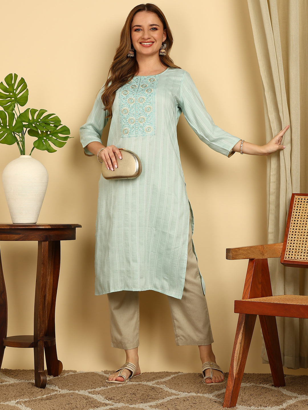 Embroidered Aqua PolySilk Straight Kurta