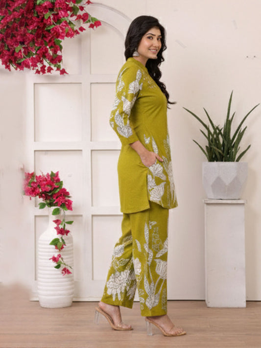 Green Embroidered cotton slub Co-ord Set