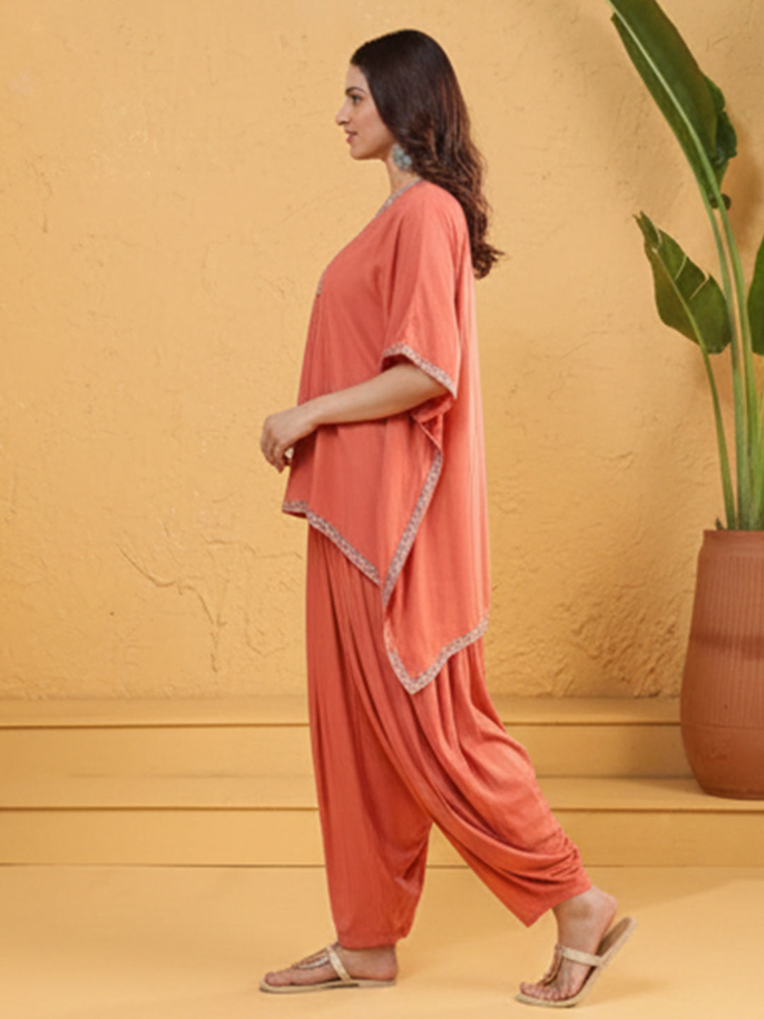Soft Orange Rayon Stepal Kaftan Set with Contemporary Fit Design