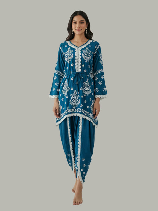Blue Chikankari Kurta Tulip Salwar Set with white embroidery