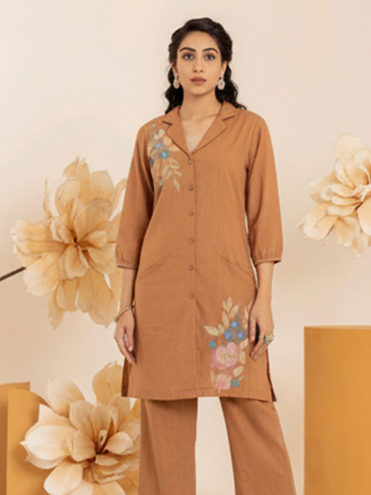Brown Cotton Slub Co-Ord Set for Women