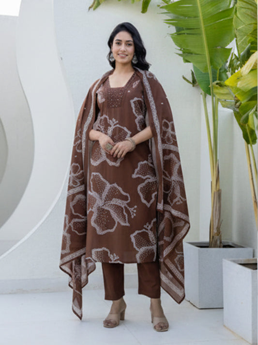 Women's brown cotton printed suit set offering comfort and style