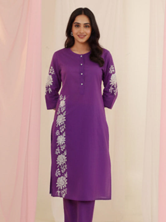 Trendy Purple Cotton 60×60 Kurta Pant Set for Casual Wear