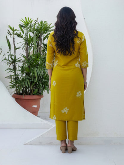 Charming yellow cotton suit set with vibrant prints
