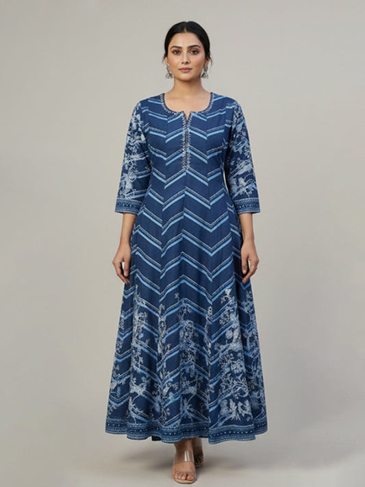 Dark Blue Cotton Anarkali Set for Ethnic Wear