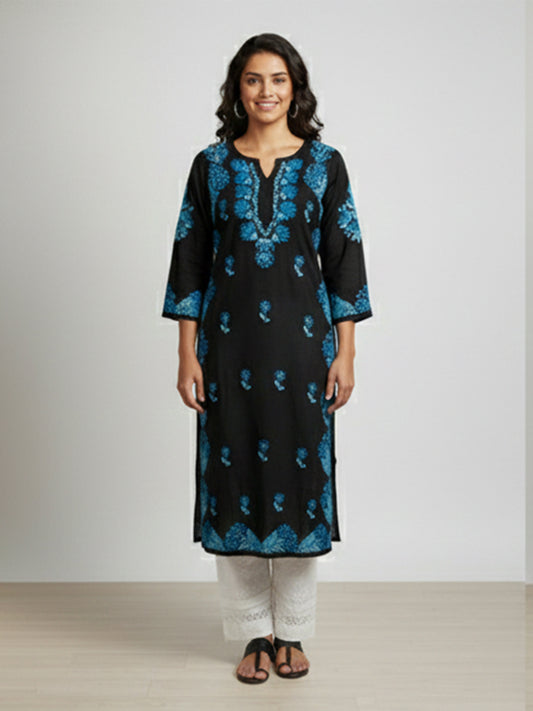 Black Chikankari Kurta with Blue Embroidery