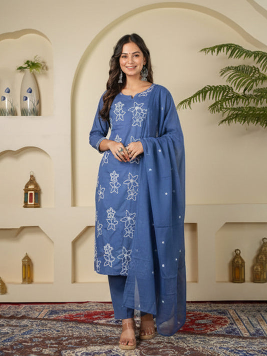 Elegant blue cotton suit set featuring embroidery and charm