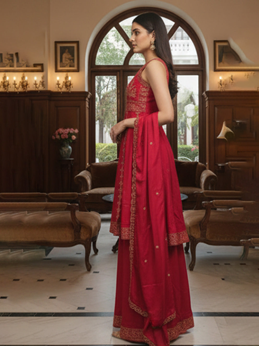 Elegant Red Muslin Anarkali Set with Flared Pant for Women