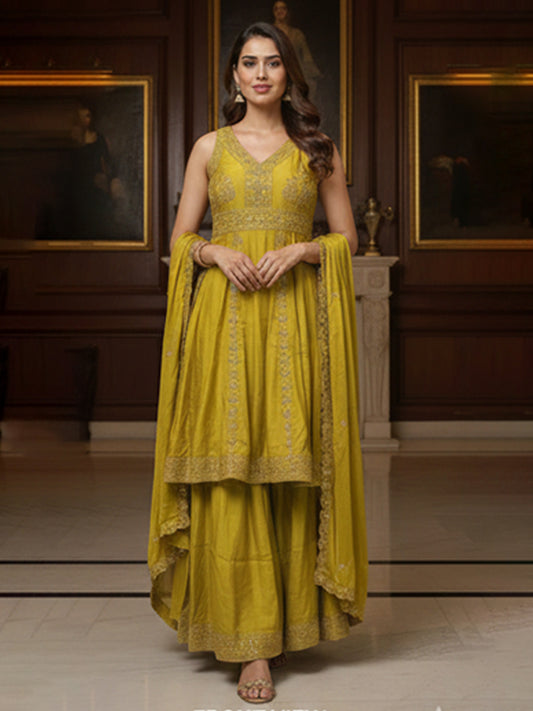 Elegant Green Muslin Anarkali Set with Flared Pant for Women