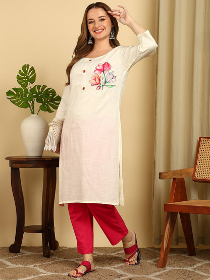 Off White Solid Cotton Blend Straight Kurta