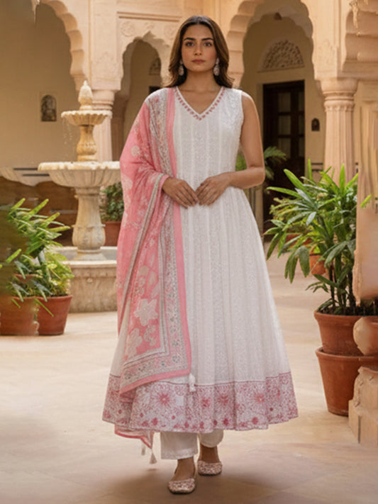 Classic White Shifli Anarkali Set with Stylish Ethnic Design