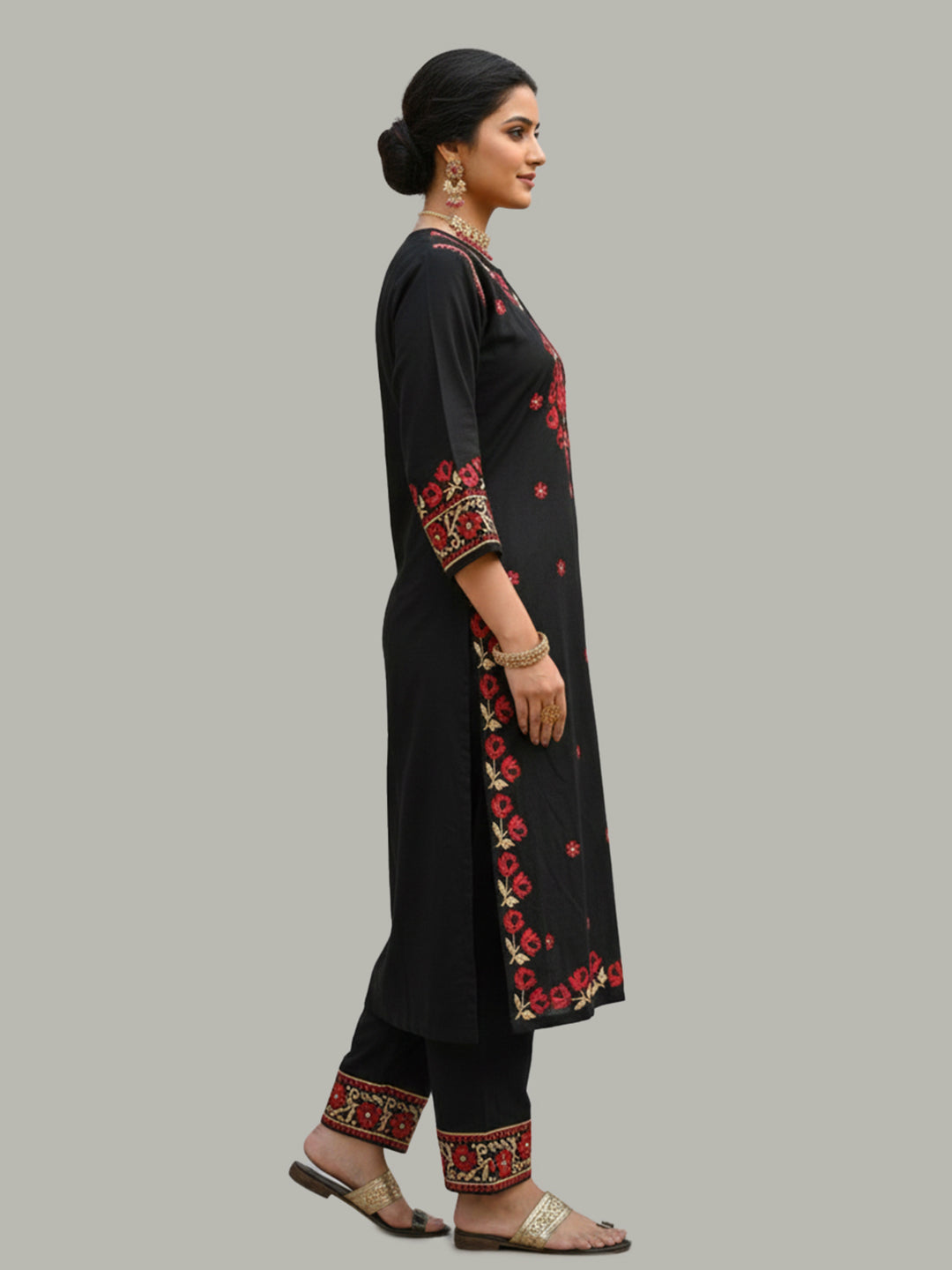 Black Chikankari Kurta Palazzo Set with multi-color embroidery
