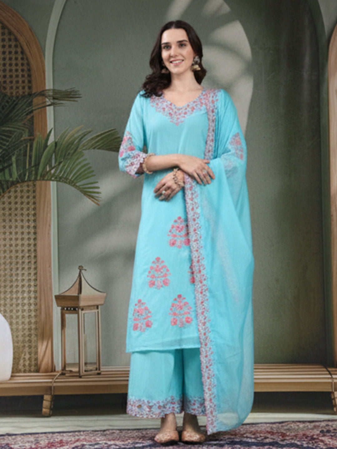 Elegant Light Blue Mal Chanderi Suit Set for Women’s Wear