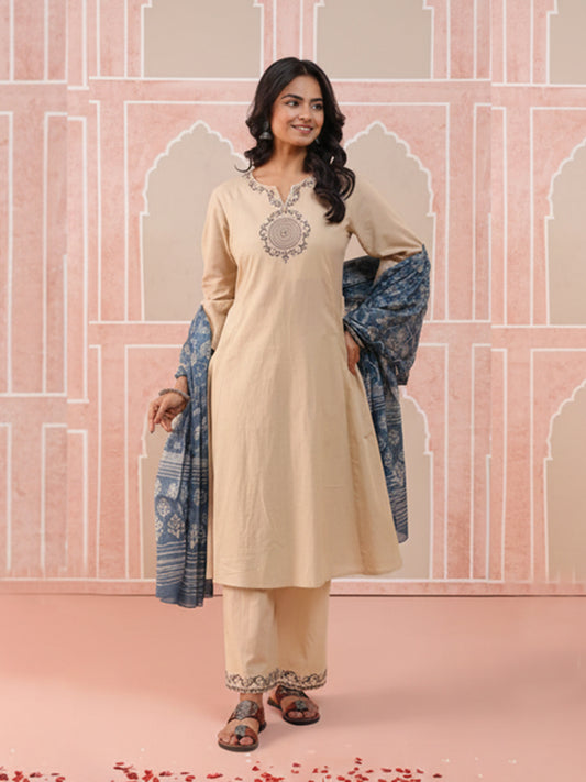 Cream Cotton 60×60 Kurta Pant Dupatta Set