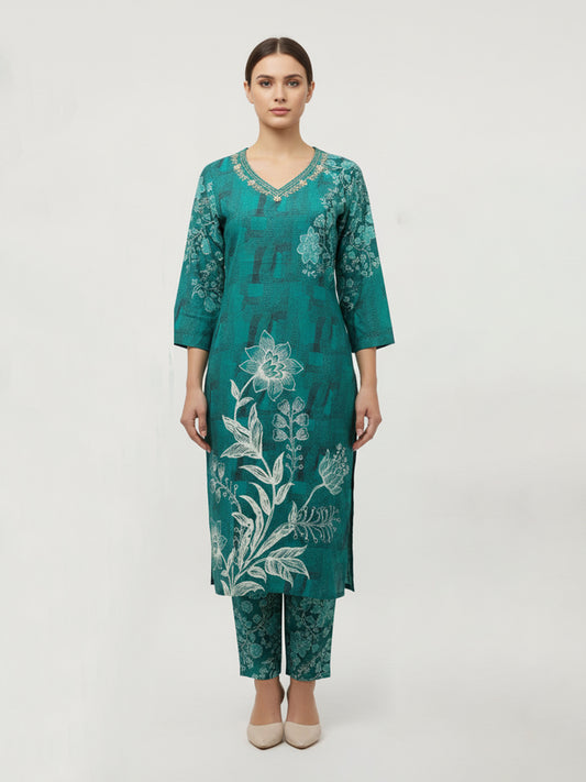 Aqua Straight Printed Cotton Kurta for Ethnic Wear