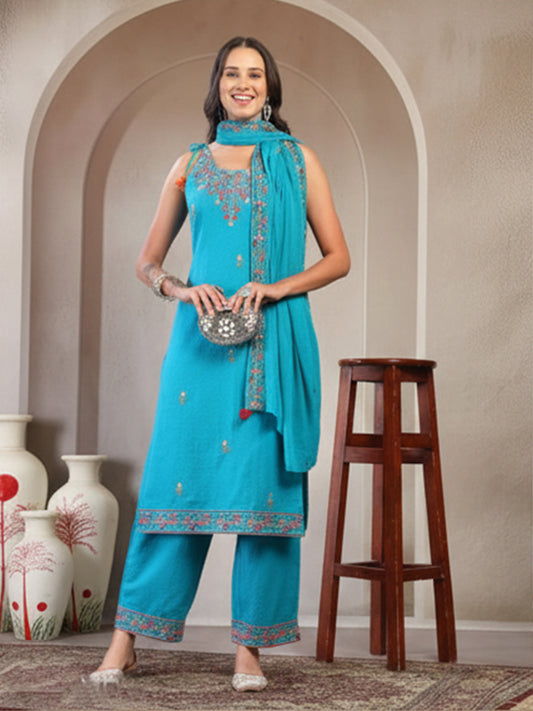 Elegant Blue Dobby Suit Set for Women’s Casual Ethnic Wear