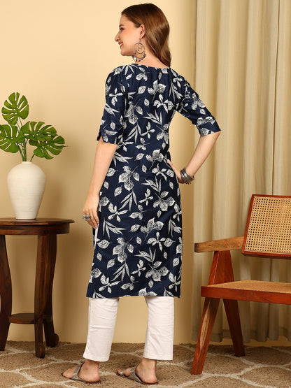 Indigo Blue Solid Cotton Blend Straight Kurta