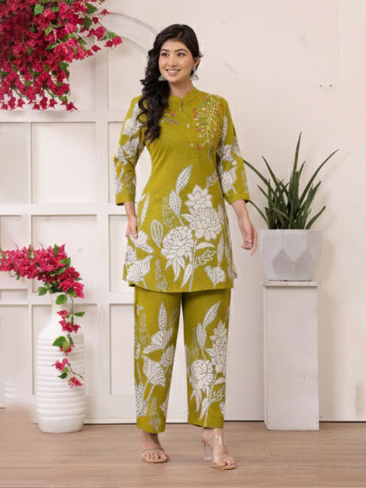 Green Embroidered cotton slub Co-ord Set