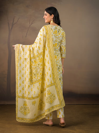 Women's cotton suit set in yellow adorned with Kalamkari prints