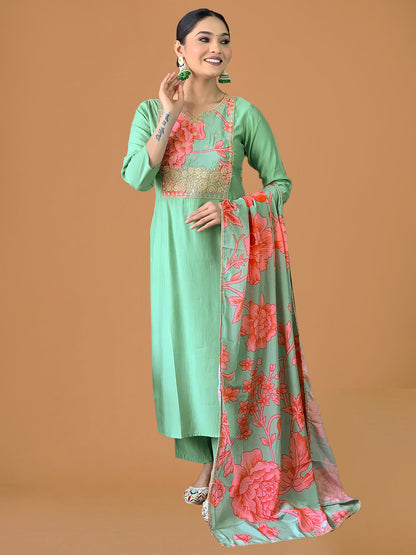 Aqua Green Viscose Silk Blend Straight Suit Set