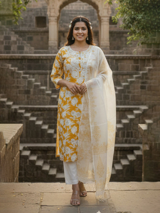 Yellow cotton suit set with embroidery and Kota doriya dupatta