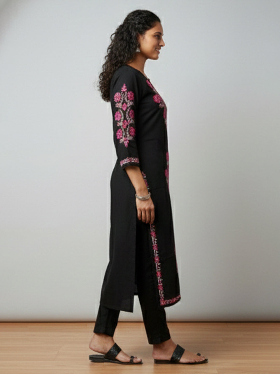 Black Chikankari Kurta with Pink Embroidery