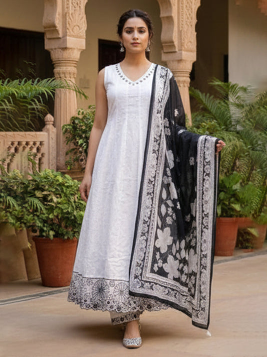 Elegant White Shifli Anarkali Set for women's