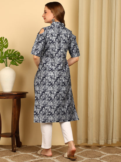 Indigo Blue Solid Cotton Blend Straight Kurta
